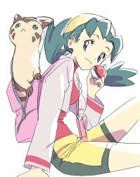 1girl bike_shorts blue_eyes blue_hair closed_mouth cropped_jacket furret gen_2_pokemon hand_up hat highres holding holding_poke_ball jacket kariya_(kry_aia) kris_(pokemon) long_hair long_sleeves nintendo open_clothes open_jacket pink_bag poke_ball poke_ball_(basic) pokegear pokemon pokemon_(creature) pokemon_gsc red_shirt shirt simple_background sitting smile twintails white_background white_jacket yellow_hat