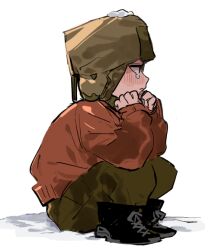 1boy animification black_boots blush boots closed_mouth crying crying_with_eyes_open elbow_on_knee from_side frown green_hat green_pants hat jacket k3vccitq kyle_broflovski long_sleeves looking_ahead male_focus orange_jacket pants simple_background sitting sleeves_past_wrists snow snow_on_head solo south_park tears ushanka white_background