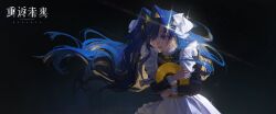 Rule 34 | 1girl, :d, apron, backlighting, black dress, black hairband, blonde hair, blue eyes, blue hair, colored inner hair, copyright name, dress, floating hair, frilled apron, frills, glint, hair intakes, hair ornament, hairband, hands up, highres, hugging object, logo, long hair, multicolored hair, official art, open mouth, reverse:1999, school uniform, smile, solo, soviet school uniform, space, star (sky), star (symbol), star hair ornament, upper body, very long hair, vinyl record, voyager (reverse:1999), voyager golden record, white apron