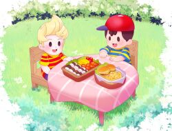 bad_tag black_hair blonde_hair burger chicken_(food) child eating food french_fries fried_chicken grass hat lucas_(mother_3) mother_(series) mother_2 ness_(mother_2) nintendo picnic red_hat shirt shota sjsj_10 smile striped_clothes striped_shirt super_smash_bros. sushi tomato