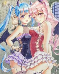 Rule 34 | 1boy, 2girls, ass, bat cutout, black collar, black thighhighs, blue hair, breasts, collar, commentary request, cuffs, demon girl, demon horns, demon wings, dungeon, fang, fat, fat man, frilled skirt, frills, halterneck, hammar dobucof, handcuffs, highres, holding, holding handcuffs, holding whip, horns, leotard, medium breasts, microskirt, multiple girls, original, painting (medium), panties, pink eyes, pink hair, purple eyes, skirt, small breasts, strapless, strapless leotard, thighhighs, traditional media, twintails, underwear, watercolor (medium), watercolor pencil (medium), white panties, white thighhighs, wings