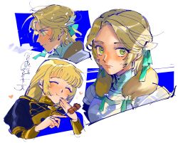 1girl armor blonde_hair blush eating fire_emblem fire_emblem:_three_houses food garreg_mach_monastery_uniform green_eyes green_ribbon heart highres ingrid_brandl_galatea ingrid_brandl_galatea_(timeskip) knight long_hair meat mochako_(motyako_1005) nintendo ribbon short_hair