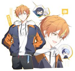 ... 2boys 2girls aoyagi_touya azusawa_kohane belt black_pants blonde_streaks blue_jacket chibi chibi_inset closed_mouth clothes_writing cowboy_shot crossed_bangs drawstring earrings from_below green_eyes group_name hair_between_eyes hands_in_pockets hashtag-only_commentary highres hood hood_down hoodie jacket jewelry looking_ahead looking_at_viewer male_focus mikan_(migwang) multicolored_hair multicolored_jacket multiple_boys multiple_girls multiple_views open_clothes open_jacket open_mouth orange_hair orange_jacket pants portrait project_sekai shinonome_akito shiraishi_an short_hair solo_focus spoken_character streaked_hair striped_belt sweatdrop translation_request two-tone_jacket very_short_hair vivid_bad_squad_(project_sekai) white_background white_hoodie