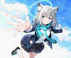 1girl abydos_high_school_logo animal_ear_fluff animal_ears black_jacket black_shoes black_skirt blue_archive blue_eyes blue_halo blue_necktie blue_scarf blue_sky bright_pupils chisamikan cloud commentary_request cross-laced_shoes cross_hair_ornament day dress_shirt foot_out_of_frame foreshortening fringe_trim grey_hair hair_between_eyes hair_ornament halo highres id_card jacket leaning_forward long_sleeves looking_at_viewer medium_hair midair miniskirt mismatched_pupils necktie open_clothes open_jacket open_mouth outdoors outstretched_arms outstretched_hand plaid_clothes plaid_skirt pleated_skirt scarf school_uniform shiroko_(blue_archive) shirt shoes skirt sky sneakers socks solo standing standing_on_one_leg tail white_pupils white_shirt white_socks wolf_ears wolf_tail