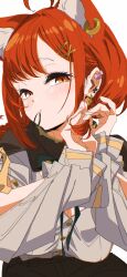 1girl ahoge animal_ear_fluff animal_ears breasts brown_skirt cleavage collared_shirt dress_shirt hair_ornament hair_tie hair_tie_in_mouth highres large_breasts layered_sleeves long_sleeves marugayotsu mouth_hold nijisanji orange_eyes orange_hair ratna_petit ratna_petit_(7th_costume) red_panda red_panda_ears red_panda_girl sagging_breasts shirt shrug_(clothing) simple_background skirt solo tying_hair virtual_youtuber white_background