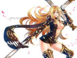 1girl armor armored_boots black_boots black_jacket black_scarf blonde_hair boots braid braided_bangs breasts cleavage commentary_request copyright_name drag-on_dragoon drag-on_dragoon_3 facial_mark five_(drag-on_dragoon) gauntlets hair_ornament holding holding_sword holding_weapon jacket large_breasts long_hair looking_at_viewer nadir_(nadirnek) navel panties parted_lips partially_open_jacket plunging_neckline rerebrace scarf shoulder_armor smile solo sword thigh_boots underwear very_long_hair weapon white_background x_hair_ornament yellow_eyes yellow_panties