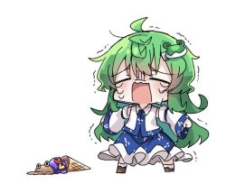 1girl ahoge bare_shoulders blue_skirt brown_shoes chibi closed_eyes collared_shirt crying detached_sleeves dropped_food food frilled_skirt frills frog_hair_ornament green_hair hair_ornament ice_cream kochiya_sanae long_hair long_sleeves mizuni_takenoko motion_lines open_mouth patterned_clothing print_skirt pyonta shaking shirt shoes simple_background single_sidelock skirt skirt_set sleeveless sleeveless_shirt socks solo touhou white_background white_socks wide_sleeves