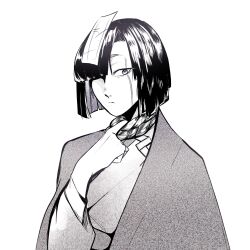 1boy bob_cut bungou_stray_dogs closed_mouth commentary english_commentary erosauri greyscale hair_over_one_eye hand_up haori highres japanese_clothes kimono long_sleeves looking_to_the_side male_focus monochrome scar scar_on_face short_hair simple_background solo tagme ueda_akinari_(bungou_stray_dogs) upper_body white_background