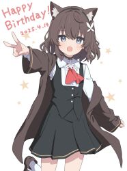 1girl animal_ear_fluff animal_ears ascot black_skirt black_vest borrowed_character brown_coat brown_hair cat_ears cat_girl cat_tail coat foulo_paints grey_eyes happy_birthday highres kurioshi_fio long_sleeves looking_at_viewer off_shoulder open_clothes open_coat open_mouth original red_ascot shirt short_hair simple_background skirt star_(symbol) star_symbol_background tail v vest white_background white_shirt