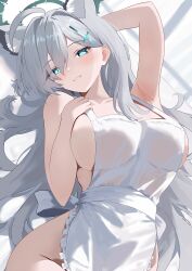 1girl absurdres animal_ear_fluff animal_ears blue_archive broken_halo cross cross_hair_ornament dark_halo extra_ears grey_hair hair_ornament halo highres inverted_cross mismatched_pupils natsuki_(natsu_1936) shiroko_(blue_archive) shiroko_terror_(blue_archive) solo upper_body wolf_ears wolf_girl