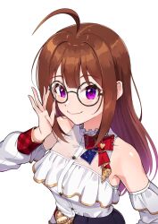 1girl adjusting_eyewear ahoge bare_shoulders bespectacled bow brown_hair collar collarbone detached_sleeves eyelashes frilled_collar frilled_shirt frilled_sleeves frills glasses hair_down hair_intakes heart_ornament highres idolmaster idolmaster_million_live! idolmaster_million_live!_theater_days kamille_(vcx68) long_hair looking_at_viewer multicolored_bow official_alternate_costume official_alternate_hairstyle plaid_clothes plaid_wrist_cuffs purple_eyes red_bow round_eyewear shirt sidelocks sleeveless sleeveless_shirt smile solo upper_body white_background white_shirt wrist_cuffs yokoyama_nao