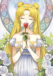 1girl bare_shoulders bead_bracelet beads bishoujo_senshi_sailor_moon blonde_hair bracelet closed_eyes collarbone crescent crescent_facial_mark double_bun dress facial_mark female_focus flower forehead_mark full_moon hair_bun hair_ornament hairpin jewelry jupiter_symbol leaf long_hair mars_symbol mercury_symbol moon neptune_symbol pluto_symbol princess_serenity red_flower red_rose ring rose sakura12140814 saturn_symbol solo star_(symbol) strapless strapless_dress tsukino_usagi twintails uranus_symbol venus_symbol white_dress white_flower white_rose
