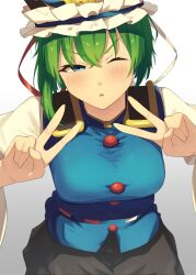 1girl absurdres black_skirt blue_eyes blue_vest blush breasts double_v embarrassed green_hair hair_between_eyes hat highres long_sleeves medium_breasts medium_hair one_eye_closed open_mouth raian_macaroni shirt single_sidelock skirt solo touhou v vest white_background white_shirt