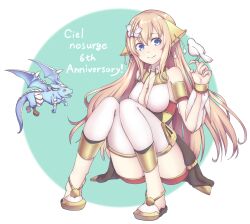 1girl animal anniversary bare_shoulders bird bird_on_hand blue_eyes breasts brown_hair center_opening ciel_nosurge cleavage flower hair_flower hair_ornament highres ionasal_kkll_preciel kinakonato long_hair sandals sitting smile solo surge_concerto very_long_hair white_bird white_flower