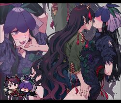 Rule 34 | 2girls, arms behind back, arms up, bdsm, black gloves, black hair, blue pants, blush, bondage, bound, china dress, chinese clothes, commentary request, dress, elbow gloves, floral print, flower, flower on head, food, fruit, gloves, grapes, green shirt, hand on another&#039;s chin, hand on another&#039;s thigh, horn ornament, horn ribbon, horns, leaf, letterboxed, lipstick mark, lipstick mark on face, lobelia (flower), long hair, multiple girls, multiple views, nippaku zanmu, pants, plant, pointy ears, puff of air, puffy short sleeves, puffy sleeves, purple dress, purple eyes, purple flower, purple lips, re ghotion, ribbon, saliva, shirt, short sleeves, side slit, sweat, touhou, very long hair, vines, yomotsu hisami, yuri