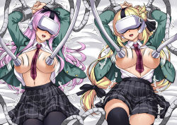 Rule 34 | 2girls, agnes claudel, black pantyhose, black skirt, black thighhighs, blonde hair, breasts, commentary, commentary request, commission, cowboy shot, eiyuu densetsu, english commentary, green jacket, hadant, hair bun, head-mounted display, jacket, kuro no kiseki (series), kuro no kiseki i, large breasts, lying, miniskirt, multiple girls, on back, on bed, open clothes, open mouth, open shirt, paid reward available, pantyhose, pleated skirt, purple hair, renne (eiyuu densetsu), restrained, shirt, skirt, thighhighs, white shirt
