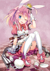 1girl amezaza animal_ears belt_ribbon blue_eyes breasts crown cup dress emil_chronicle_online fallen_down frilled_skirt frills hand_on_own_head medium_breasts minnie_doe_alma neck_ribbon one_eye_closed open_mouth pink_hair plate ponytail rabbit_ears rabbit_girl red_ribbon red_shoes ribbon shoes skirt spilling teacup teapot tearing_up thighhighs