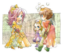 1boy 2girls ahoge bartz_klauser blonde_hair blue_eyes blush bow breasts brown_hair cleavage dress eggru embarrassed faris_scherwiz final_fantasy final_fantasy_v green_eyes high_heels krile_mayer_baldesion_(ff5) long_hair medium_breasts multiple_girls ponytail princess purple_hair sheath sheathed sword weapon yellow_bow yellow_dress