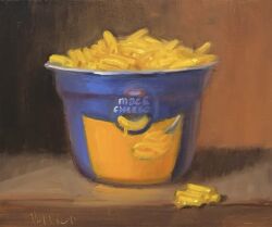Rule 34 | artist name, commentary, english commentary, food, food focus, macaroni and cheese (food), no humans, noah verrier, oil painting (medium), original, painting (medium), still life, traditional media