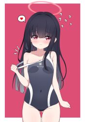 1girl absurdres black_hair black_one-piece_swimsuit blue_archive blunt_bangs clothes_pull competition_school_swimsuit covered_navel flying_sweatdrops gluteal_fold halo heart highres justice_task_force_member_(blue_archive) long_hair one-piece_swimsuit one-piece_swimsuit_pull poorunii red_halo school_swimsuit solo spoken_heart swimsuit thigh_gap trinity_general_school_swimsuit