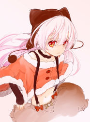 10s 1girl ask02 capelet choker female_focus fingerless_gloves fur_trim gloves hat long_hair magical_girl mahou_shoujo_madoka_magica mahou_shoujo_madoka_magica:_hangyaku_no_monogatari midriff momoe_nagisa momoe_nagisa_(magical_girl) multicolored_eyes navel red_hair simple_background solo white_background white_hair yellow_eyes