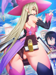 &gt;:&lt; 2girls :&lt; ass asymmetrical_sleeves bare_back bare_shoulders black_hair blonde_hair book breast_rest breasts breasts_on_head cleft_of_venus closed_mouth detached_sleeves garter_straps hair_between_eyes hat highres laphicet_(tales) long_hair magilou_(tales) mismatched_sleeves multiple_girls no_nose o_o partially_visible_vulva pointing pointy_ears profile sideboob small_breasts speh tales_of_(series) tales_of_berseria thighs triangle_mouth uncensored underboob v-shaped_eyebrows velvet_crowe very_long_hair wedgie witch_hat