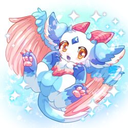 Rule 34 | animal focus, blush, claws, dragon, dragon village (series), dragon village collection, feathered wings, fluffy, forehead jewel, highres, horns, looking at viewer, murasakigezi, no humans, open mouth, pawpads, simple background, small dragon, snow flower popomo (dragon village), solo, sparkle, tail, wings, yellow eyes