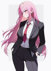 Rule 34 | 1girl, absurdres, alternate costume, black jacket, black pants, blunt bangs, breasts, collared shirt, commentary, dress shirt, earrings, english commentary, formal clothes, hand in pocket, hands in pockets, highres, hololive, hololive english, jacket, jewelry, koahri, lapels, large breasts, long hair, long sleeves, mori calliope, necktie, notched lapels, pant suit, pants, pink eyes, pink hair, red necktie, shirt, shirt tucked in, sidelocks, simple background, solo, straight hair, suit, virtual youtuber, white background, white shirt