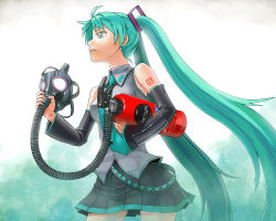 1girl aqua_eyes aqua_hair bare_shoulders detached_sleeves female_focus fire_extinguisher fire_hydrant gas_mask hair_ornament hatsune_miku highres holding itou_(onsoku_tassha) long_hair mask nail_polish necktie pleated_skirt simple_background skirt solo strap tattoo tube twintails unworn_mask very_long_hair vocaloid