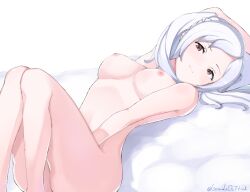 1girl arm_behind_head breasts closed_mouth completely_nude feet_out_of_frame female_robin_(fire_emblem) fire_emblem fire_emblem_awakening grimmelsdathird highres implied_masturbation looking_at_viewer lying nintendo nipples nude on_back solo third-party_source twintails twitter_username white_background white_hair