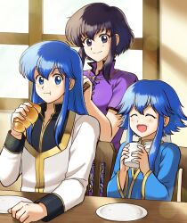 1boy 2girls absurdres alternate_costume alternate_hairstyle betabetamaru black_eyes black_hair black_shirt blue_eyes blue_hair blue_shirt bread brushing_another&#039;s_hair brushing_hair chair commentary_request commission earrings eating father_and_daughter fire_emblem fire_emblem:_genealogy_of_the_holy_war foam_mustache food gold_trim highres holding holding_food husband_and_wife if_they_mated indoors jewelry larcei_(fire_emblem) long_hair long_sleeves mother_and_daughter multiple_girls necklace nintendo plate purple_shirt seliph_(fire_emblem) shirt short_hair short_sleeves sitting skeb_commission smile sunlight table twitter_username two-tone_shirt very_long_hair white_shirt wide_sleeves window