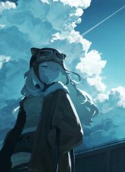 1girl :3 absurdres animal_ear_headwear aviator_cap backlighting blue_eyes blue_sky blue_theme brown_hat brown_jacket cloud contrail cowboy_shot cumulonimbus_cloud fake_animal_ears goggles goggles_on_headwear green_shirt hands_in_pockets hat highres jacket kubu_fugu lilya_(reverse:1999) long_hair long_sleeves looking_to_the_side midriff outdoors reverse:1999 revision shirt shorts sky solo