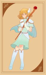 1girl blonde_hair boots bridal_gauntlets capelet earrings fire_emblem fire_emblem:_genealogy_of_the_holy_war full_body green_eyes hair_ornament highres holding holding_staff jewelry knee_boots licorpolar looking_at_viewer nanna_(fire_emblem) nintendo short_hair shoulder_pads solo staff white_boots wing_hair_ornament