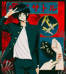1boy absurdres black_hair bleeding blood bloody_handprints boxcutter cowboy_shot cuts gakuran guro handprint highres injury jacket male_focus multiple_views open_clothes open_jacket randal&#039;s_friends red_background school_uniform self-harm shirt short_hair translation_request tsukada_satoru uri_ka55 v white_shirt