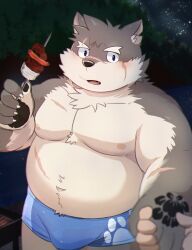 1boy absurdres bara blue_male_swimwear blush bulge fang food grill hand_tattoo highres holding holding_hands holding_skewer male_focus male_swimwear moritaka_(housamo) navel night nipples open_mouth outdoors pectorals pov scar scar_across_eyebrow scar_on_face scar_on_nose shish_kebab skewer solo_focus tattoo tokyo_houkago_summoners topless_male zuboboz