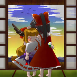 2girls barefoot black_hair bow brown_horns detached_sleeves evening flower frilled_bow frills from_behind gradient_sky hair_bow hakurei_reimu hand_on_another&#039;s_head horn_ornament horns hug ibuki_suika long_hair lowres mo-musu multiple_girls one-armed_hug oni orange_hair red_bow red_skirt ribbon-trimmed_sleeves ribbon_trim skirt sky tears tears_from_one_eye touhou white_flower