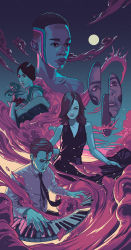 2boys 3girls abstract alex_dos_diaz arrival_(movie) bare_arms bare_shoulders chiron_(moonlight) cloud collared_shirt commentary crossover dark-skinned_male dark_skin dress dress_shirt emma_stone english_commentary facing_viewer full_moon gloves hair_over_one_eye highres instrument izumi_hideko la_la_land limited_palette liquid louise_banks moon moonlight_(movie) multiple_boys multiple_crossover multiple_girls music necktie outdoors parted_bangs piano_keys playing_instrument ryan_gosling shirt sky sleeveless sleeveless_dress snake spacecraft star_(sky) starry_sky surreal the_handmaiden_(movie) upper_body
