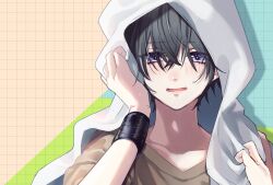 1boy black_hair blue_eyes blush brown_shirt collarbone commentary_request grid_background hair_between_eyes highres looking_at_viewer male_focus natsumi_kanata open_mouth original portrait shirt short_hair short_sleeves solo towel towel_on_head wet wristband
