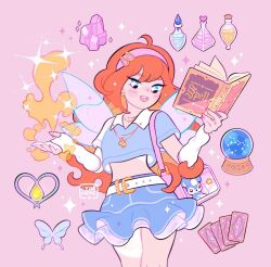 +_+ 1girl adapted_costume ahoge bag belt belt_buckle bloom_(winx_club) blue_butterfly blue_eyes blue_shirt blue_skirt blush_stickers book buckle bug butterfly card collared_shirt commentary constellation cowboy_shot crystal crystal_ball earrings english_commentary fairy fire flame_necklace frilled_skirt frills gold_necklace hair_ornament hairband hairclip happy heart heart_earrings holding holding_book insect jewelry kiko_(winx_club) leaphere midriff miniskirt moon_phases necklace open_book open_mouth pink_background pink_bag pink_hairband potion pyrokinesis sagittarius_(constellation) shirt short_sleeves shoulder_bag simple_background skirt smile solo sparkle sparkling_eyes standing stuffed_animal stuffed_rabbit stuffed_toy tarot tarot_card teeth upper_teeth_only watermark white_arm_warmers white_belt winx_club