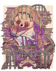 ajirogasa animal animal_focus architecture border bridge brown_eyes building clothed_animal east_asian_architecture full_body gate hat highres japanese_clothes kimono lantern looking_at_viewer no_humans original outside_border oversized_animal paper_lantern purple_kimono rope solo tanuki tassel tonbippo08 white_border wide_sleeves