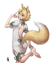1girl absurdres animal_ears back blonde_hair buhbuhbored feet fox_ears fox_girl fox_shadow_puppet fox_tail green_ribbon highres kudamaki_tsukasa looking_at_viewer open_mouth ribbon romper simple_background sleeve_ribbon tail touhou white_background white_romper yellow_eyes