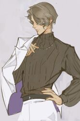 1boy axis_powers_hetalia facial_hair france_(hetalia) goatee_stubble grey_background grey_hair hand_on_own_hip highres jacket jacket_partially_removed jewelry long_sleeves male_focus necklace simple_background smile solo stubble sweater turtleneck turtleneck_sweater wafen_juemu