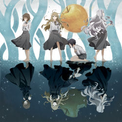 Rule 34 | 4girls, apple, black hair, blonde hair, brown hair, different reflection, food, fruit, gloves, green eyes, grey hair, hagiwara yukiho, highres, hoshii miki, idolmaster, idolmaster (classic), kikuchi makoto, long hair, multiple girls, necktie, reflection, shijou takane, short hair, yachiwo