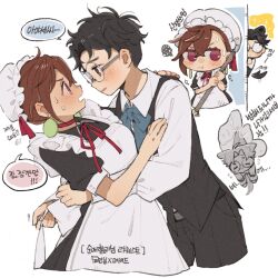 Rule 34 | 1boy, 1girl, apron, black dress, black hair, black pants, black vest, blue bow, blue bowtie, blush, bow, bowtie, broom, brown eyes, brown hair, choker, closed mouth, collared shirt, comimingming, commentary request, cowboy shot, cropped legs, dandadan, dress, earrings, flying sweatdrops, frilled apron, frills, glasses, highres, holding, holding broom, jewelry, korean commentary, leaning back, leaning forward, looking at another, maid, maid apron, maid headdress, multiple views, official alternate costume, open mouth, pants, puffy short sleeves, puffy sleeves, red choker, round eyewear, shirt, short hair, short sleeves, squiggle, sweat, telekinesis, translation request, vest, white apron, white shirt