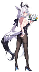 1girl animal_ear_hairband animal_ears ass backless_leotard black_leotard black_pantyhose blue_eyes breasts fake_animal_ears fox_ears fox_girl fox_tail full_body hairband high_heels highres hololive leotard looking_back medium_breasts pantyhose playboy_bunny rabbit_ear_hairband rabbit_ears shirakami_fubuki simple_background solo standing sukonbu_(shirakami_fubuki) ta_shiuji30 tail virtual_youtuber white_background white_hair