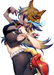 1girl animal_ears armband black_pants blonde_hair blue_hair boots bracelet breasts cleavage commentary_request commission cropped_jacket gold_bracelet high_heel_boots high_heels highres horse_ears horse_girl horse_tail horseshoe jewelry large_breasts long_hair multicolored_hair obey_your_master_(umamusume) one_eye_closed pants red_boots sekiyu_inu simple_background skeb_commission solo star-shaped_pupils star_(symbol) symbol-shaped_pupils tail two-tone_hair umamusume white_background yellow_nails