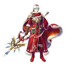 1boy absurdres armor asatani_tomoyo blue_eyes boots brown_gloves cape closed_mouth commentary_request ephraim_(fire_emblem) ephraim_(winter)_(fire_emblem) fire_emblem fire_emblem:_the_sacred_stones fire_emblem_heroes full_body fur-trimmed_boots fur-trimmed_cape fur_trim gloves hand_on_own_hip hat highres holding holding_polearm holding_weapon long_sleeves looking_at_viewer male_focus nintendo official_art polearm pom_pom_(clothes) red_boots red_cape red_hat santa_costume santa_hat second-party_source short_hair shoulder_armor simple_background smile solo standing tachi-e weapon white_background