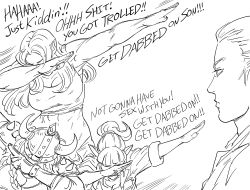 1boy 3girls abs bait_and_switch bb_(baalbuddy) blunt_bangs commentary dab_(dance) dwarf elf english_commentary english_text fake_horns female_dwarf female_goblin female_orc goblin greyscale hair_slicked_back height_difference helmet highres horned_helmet horns long_hair monochrome multiple_girls muscular muscular_female orc original pointy_ears ponytail simple_background tank_top unamused white_background