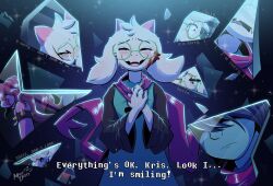 1boy 1girl 1other animal_ears armlet black_hair blood blood_on_face blue_skin closed_eyes colored_skin commentary crying deltarune english_text facing_viewer furry furry_female glass_shards glasses goat_boy goat_ears goat_horns green_robe hair_over_eyes hand_over_heart heart highres horns jewelry kris_(dark_world)_(deltarune) kris_(deltarune) long_hair milodesty open_mouth pink_scarf purple_hair ralsei robe round_eyewear scarf smile soul_(deltarune) spiked_armlet susie_(dark_world)_(deltarune) susie_(deltarune)