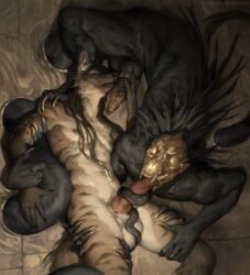 2boys 69 against_wall brown_hair cock_ring extra_arms faceless fellatio furry furry_male furry_with_furry highres honovyart long_hair long_tongue male_focus multiple_boys nipples oral original penis sex_toy smelling spiked_penis tail tongue yaoi